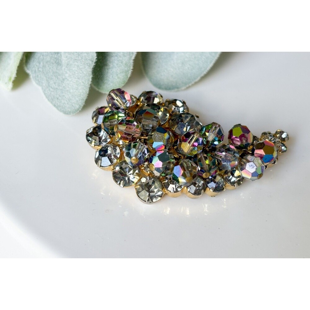 Vintage Aurora Borealis Rhinestone Brooch GoldCluster Statement Pin 1950 1960